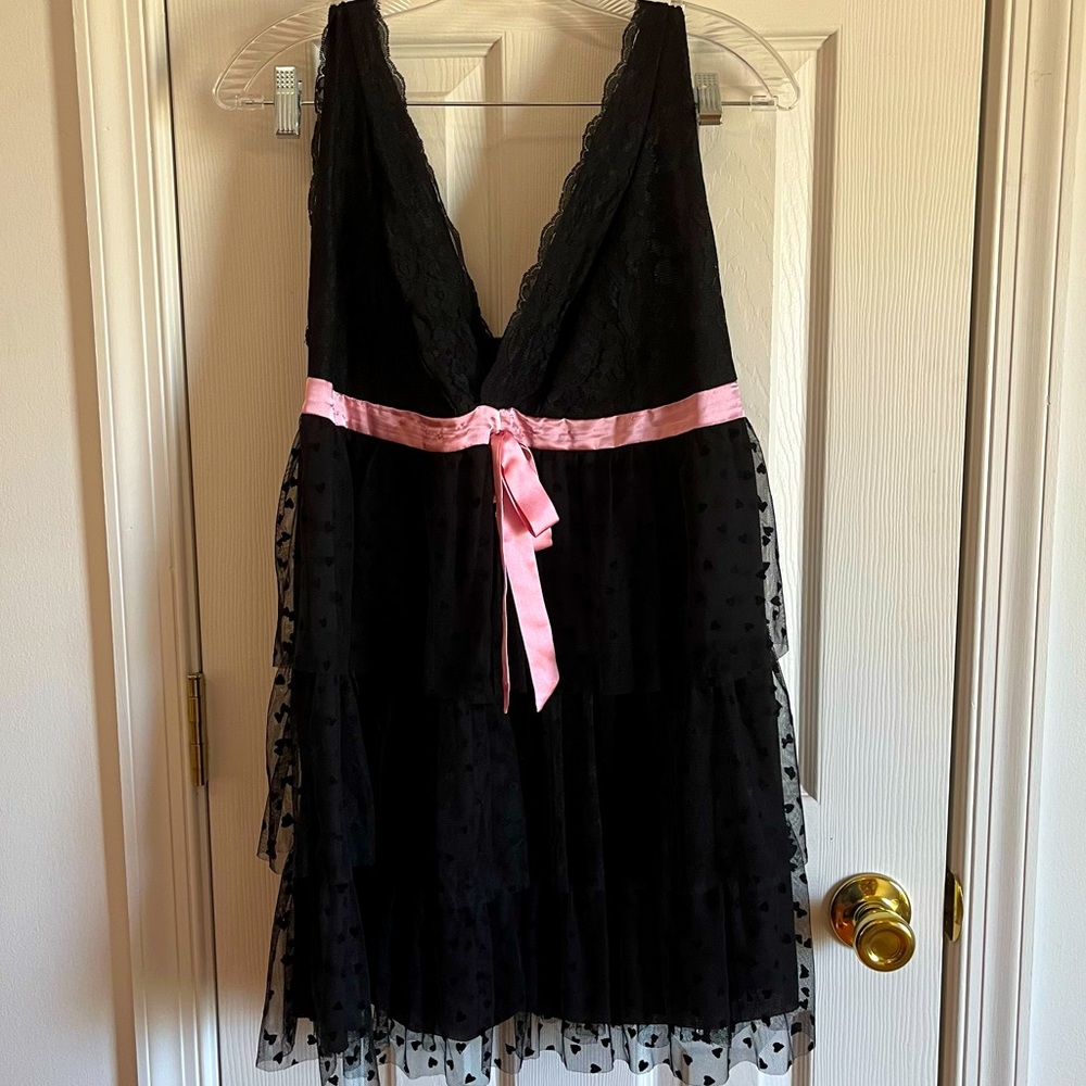 Cacique Black Lace Teddy with Pink Bow